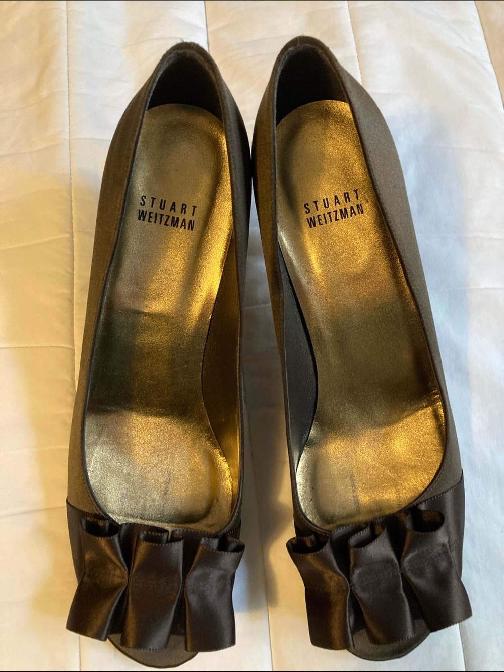 Stuart Weitzman Brown Satin Peep-Toe Pumps with Front Ruffle